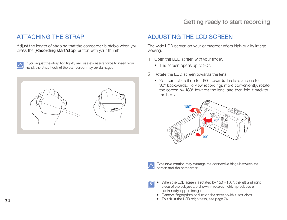 Attaching the strap, Adjusting the lcd screen, Attaching the strap adjusting the lcd screen | Samsung HMX-F80BN-XAA User Manual | Page 38 / 111