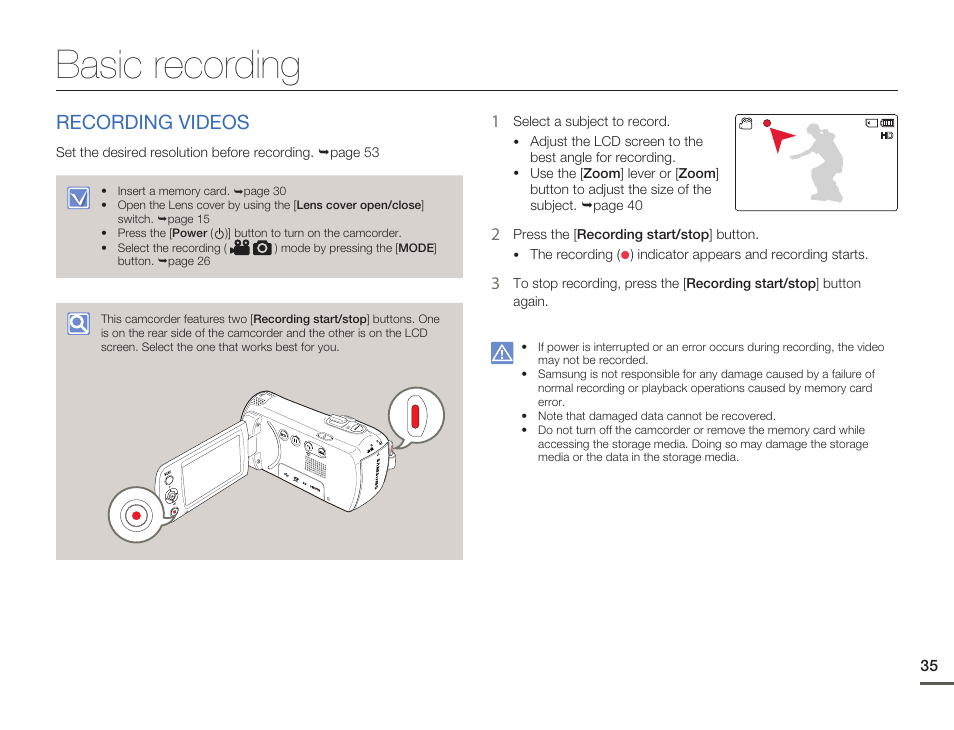 Basic recording, Recording videos | Samsung HMX-F80BN-XAA User Manual | Page 39 / 111