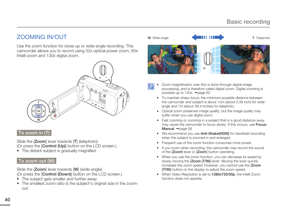 Zooming in/out, Basic recording zooming in/out | Samsung HMX-F80BN-XAA User Manual | Page 44 / 111