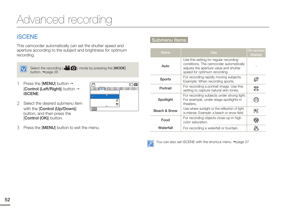 Advanced recording, Iscene | Samsung HMX-F80BN-XAA User Manual | Page 56 / 111