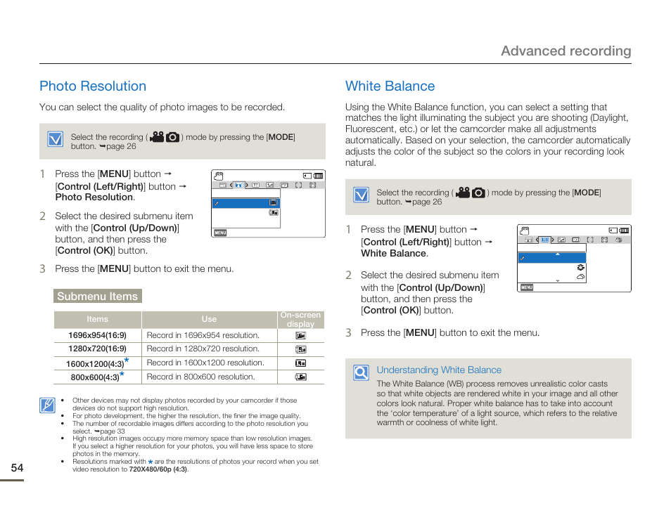 Photo resolution, White balance, Photo resolution white balance | Advanced recording photo resolution, Submenu items | Samsung HMX-F80BN-XAA User Manual | Page 58 / 111