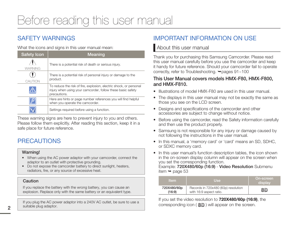 Before reading this user manual, Safety warnings, Precautions | Important information on use | Samsung HMX-F80BN-XAA User Manual | Page 6 / 111