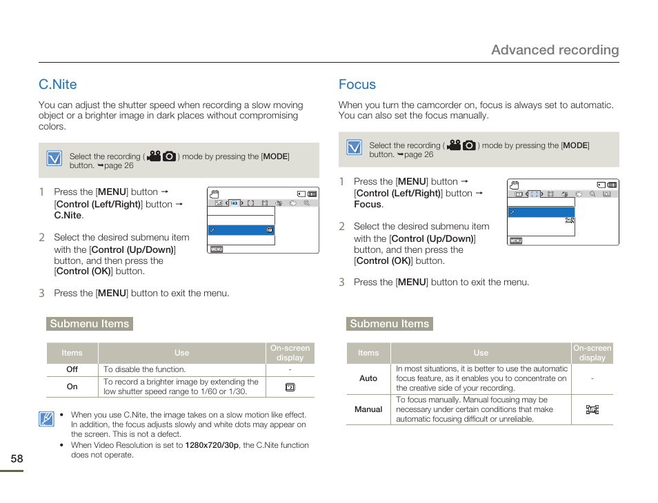 C.nite, Focus, C.nite focus | Advanced recording c.nite | Samsung HMX-F80BN-XAA User Manual | Page 62 / 111