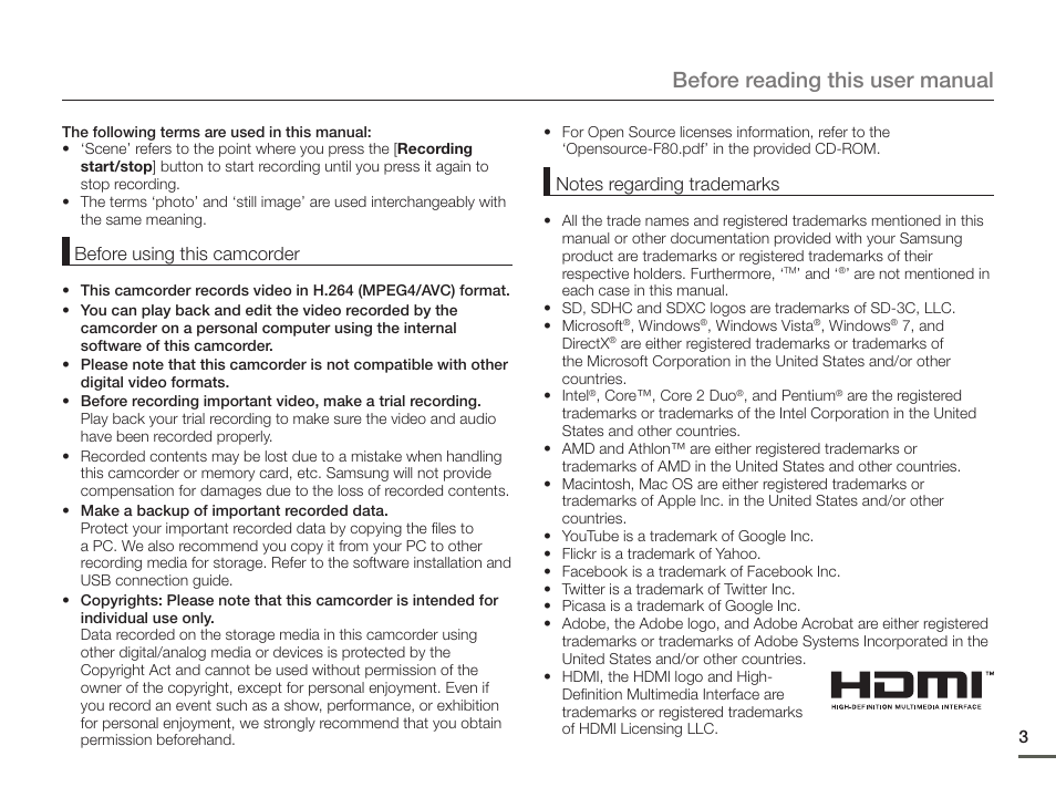 Before reading this user manual | Samsung HMX-F80BN-XAA User Manual | Page 7 / 111