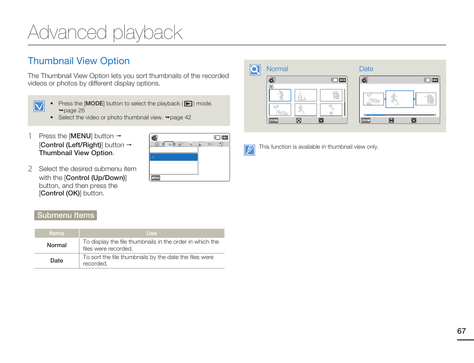 Advanced playback, Thumbnail view option, Submenu items | Samsung HMX-F80BN-XAA User Manual | Page 71 / 111