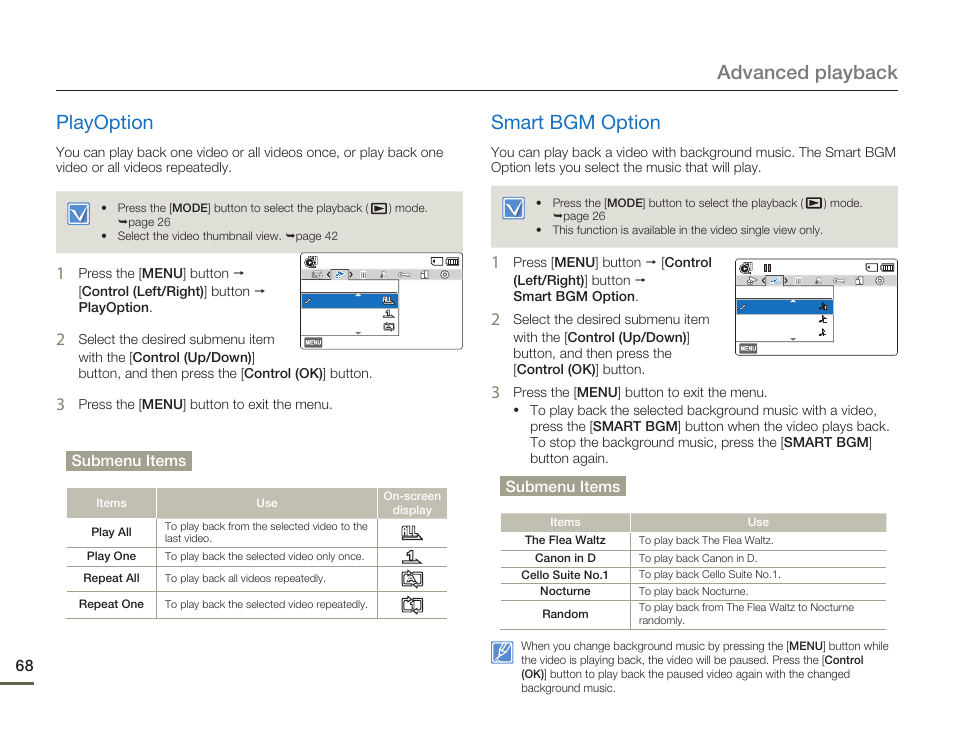 Playoption, Smart bgm option, Playoption smart bgm option | Advanced playback playoption, Submenu items | Samsung HMX-F80BN-XAA User Manual | Page 72 / 111