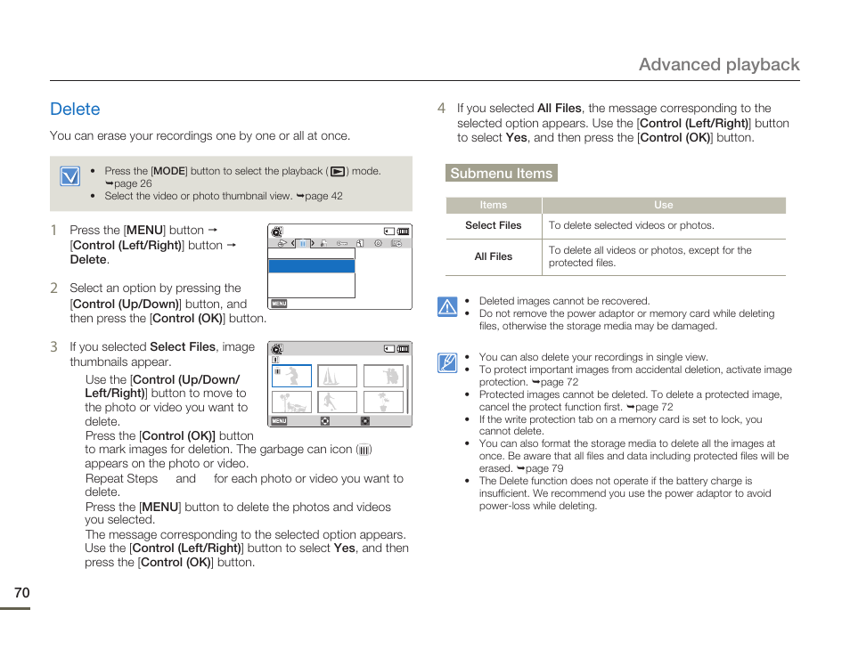 Delete, Advanced playback delete | Samsung HMX-F80BN-XAA User Manual | Page 74 / 111