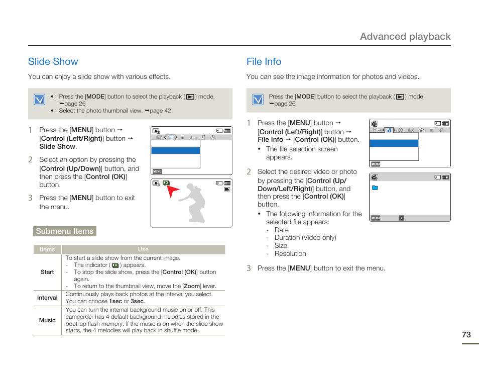 Slide show, File info, Slide show file info | Advanced playback slide show, Submenu items | Samsung HMX-F80BN-XAA User Manual | Page 77 / 111