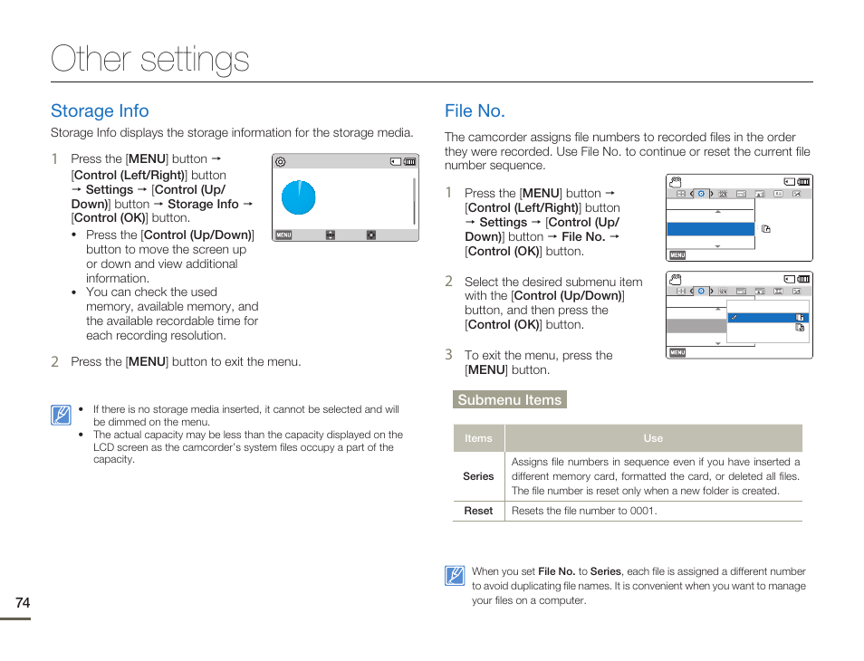 Other settings, Storage info, File no | Storage info file no, Submenu items | Samsung HMX-F80BN-XAA User Manual | Page 78 / 111