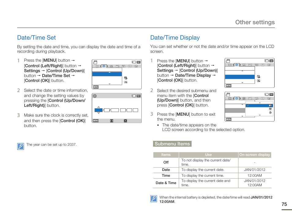 Date/time set, Date/time display, Date/time set date/time display | Other settings date/time set, Submenu items | Samsung HMX-F80BN-XAA User Manual | Page 79 / 111