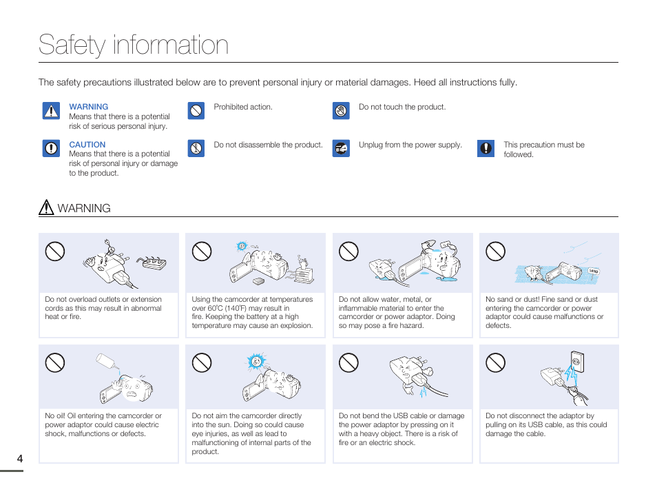 Safety information, Warning | Samsung HMX-F80BN-XAA User Manual | Page 8 / 111