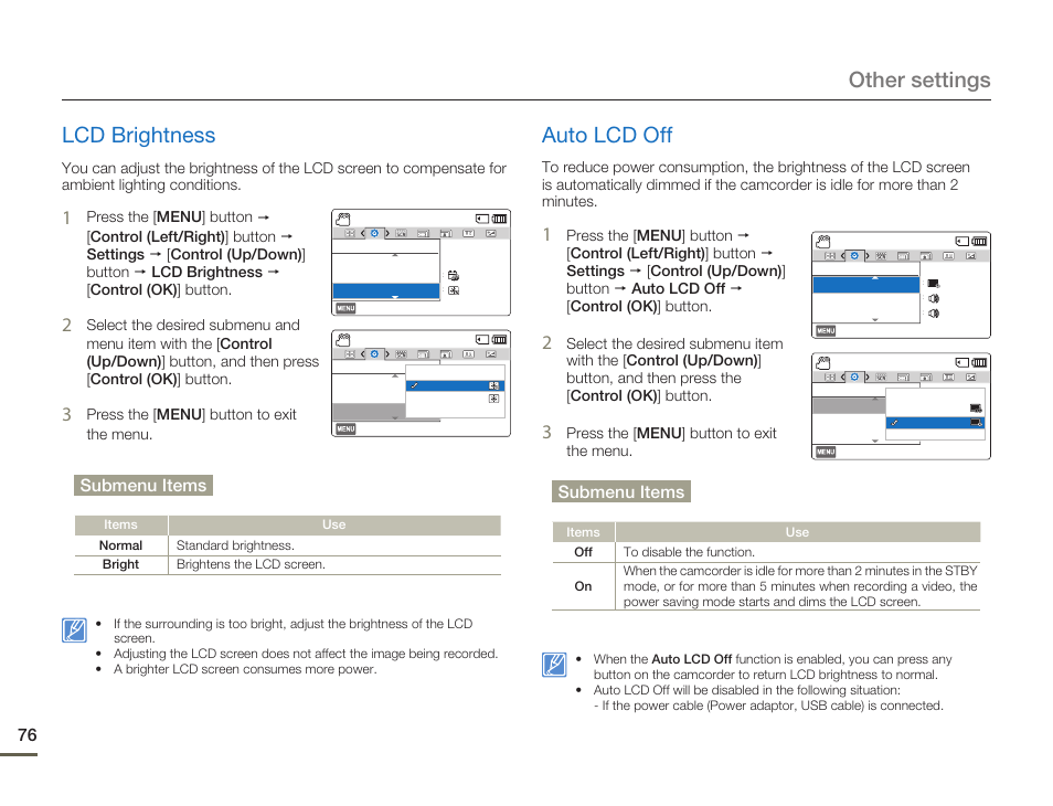 Lcd brightness, Auto lcd off, Other settings lcd brightness | Submenu items | Samsung HMX-F80BN-XAA User Manual | Page 80 / 111