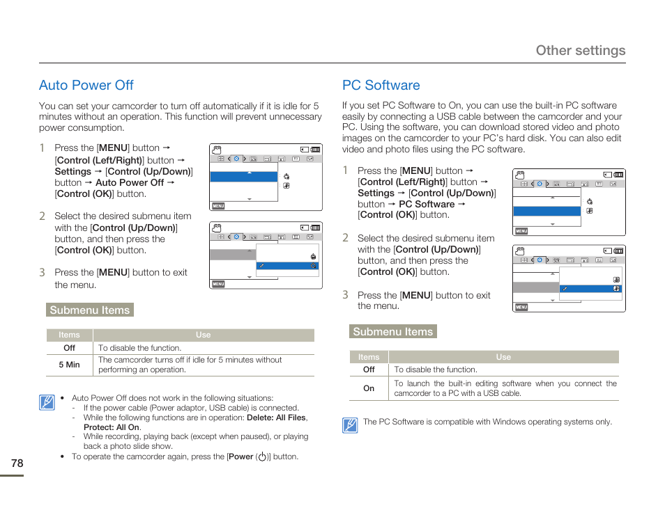 Auto power off, Pc software, Auto power off pc software | Other settings auto power off, Submenu items | Samsung HMX-F80BN-XAA User Manual | Page 82 / 111