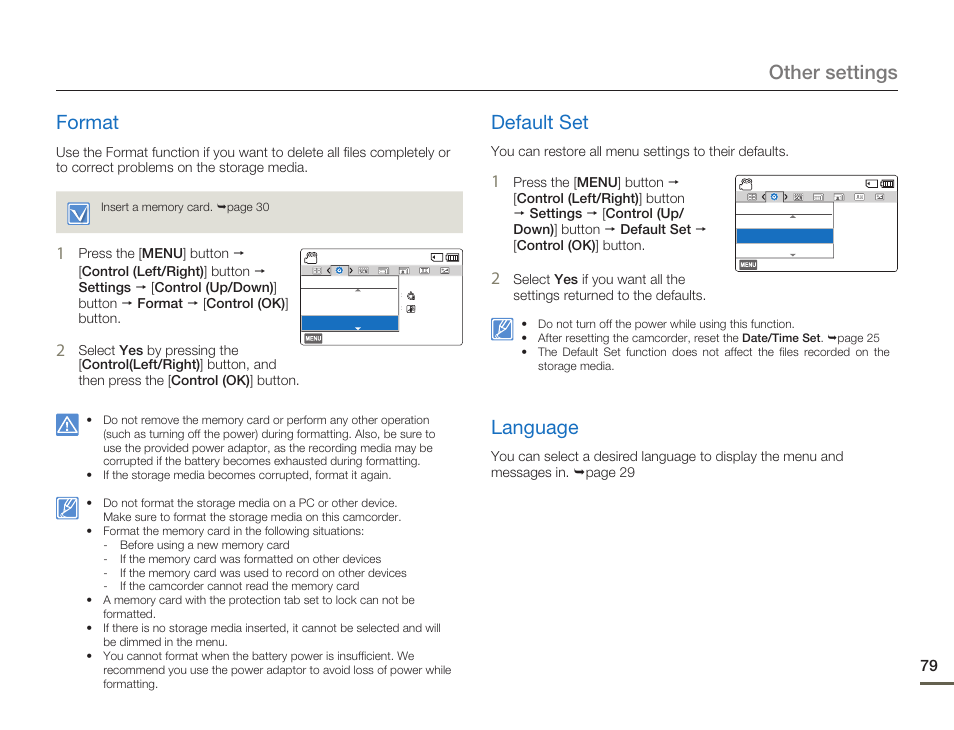 Format, Default set, Language | Format default set language, Other settings format | Samsung HMX-F80BN-XAA User Manual | Page 83 / 111