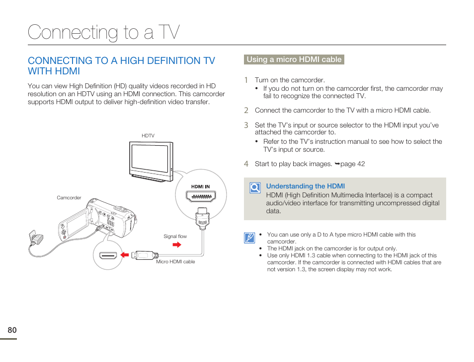 Connecting to a tv, Connecting to a high definition tv with hdmi | Samsung HMX-F80BN-XAA User Manual | Page 84 / 111