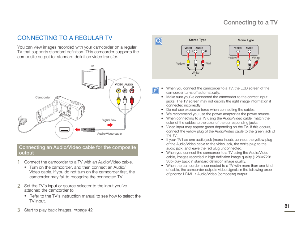 Connecting to a regular tv, Connecting to a tv connecting to a regular tv | Samsung HMX-F80BN-XAA User Manual | Page 85 / 111