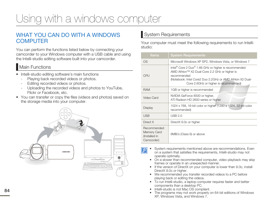 Using with a windows computer, What you can do with a windows computer, Main functions | System requirements | Samsung HMX-F80BN-XAA User Manual | Page 88 / 111