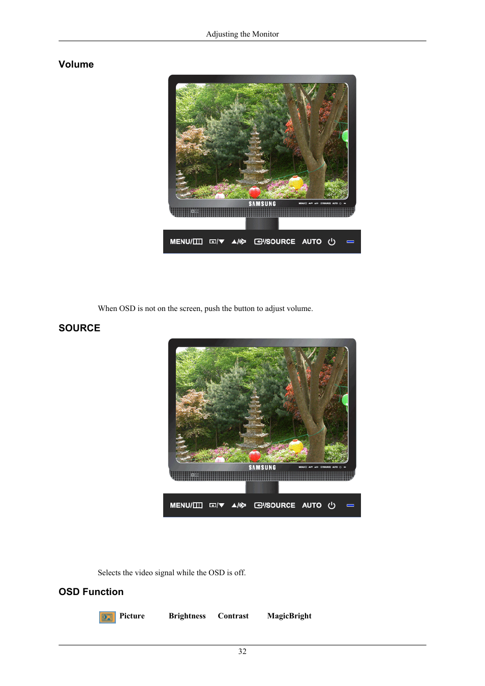 Volume, Source, Osd function | Samsung LS19MYMRBQ-XAA User Manual | Page 33 / 71