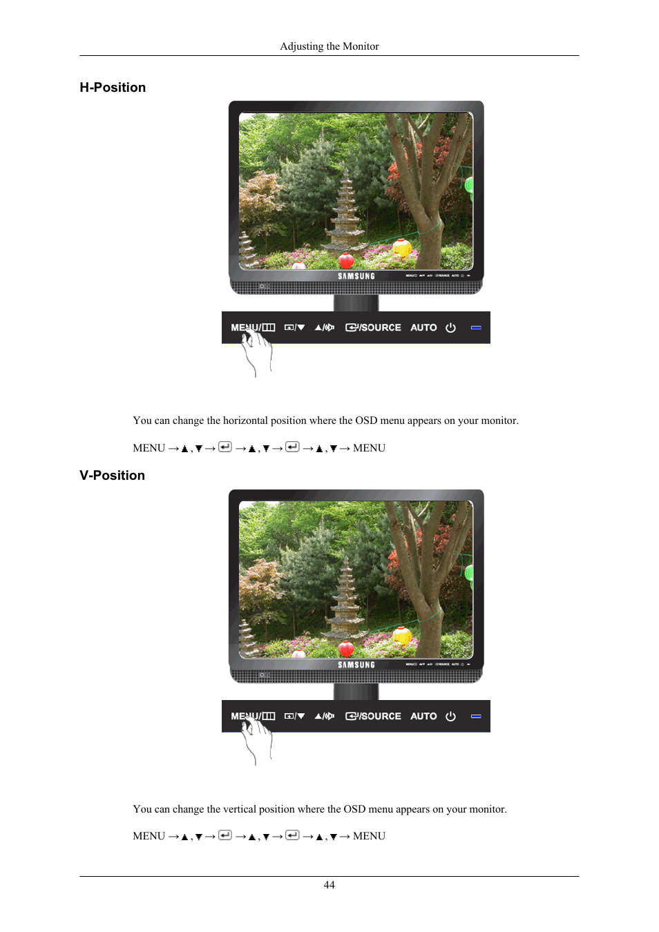 H-position, V-position | Samsung LS19MYMRBQ-XAA User Manual | Page 45 / 71