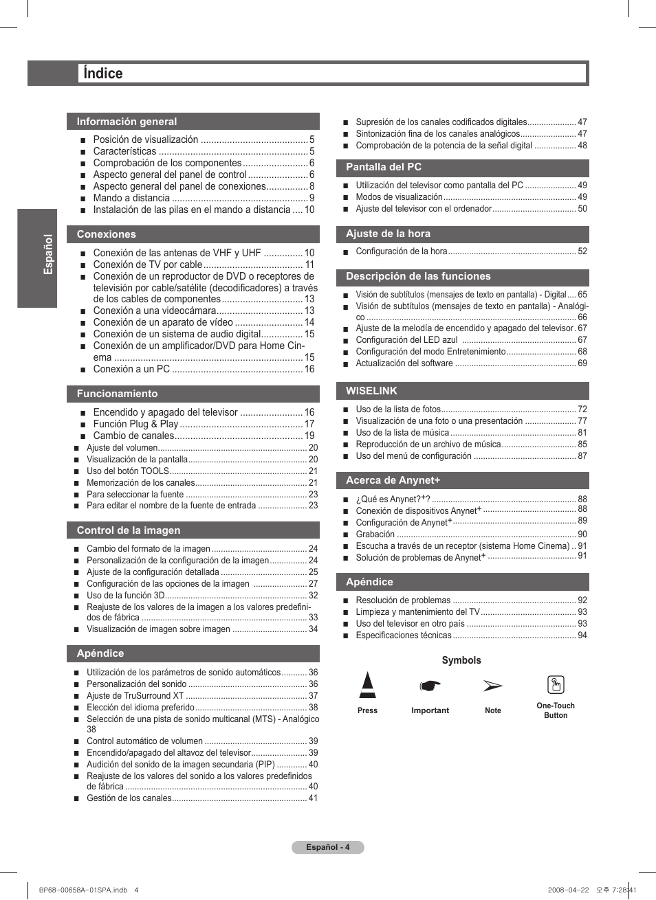 Índice | Samsung HL67A750A1FXZA User Manual | Page 104 / 195