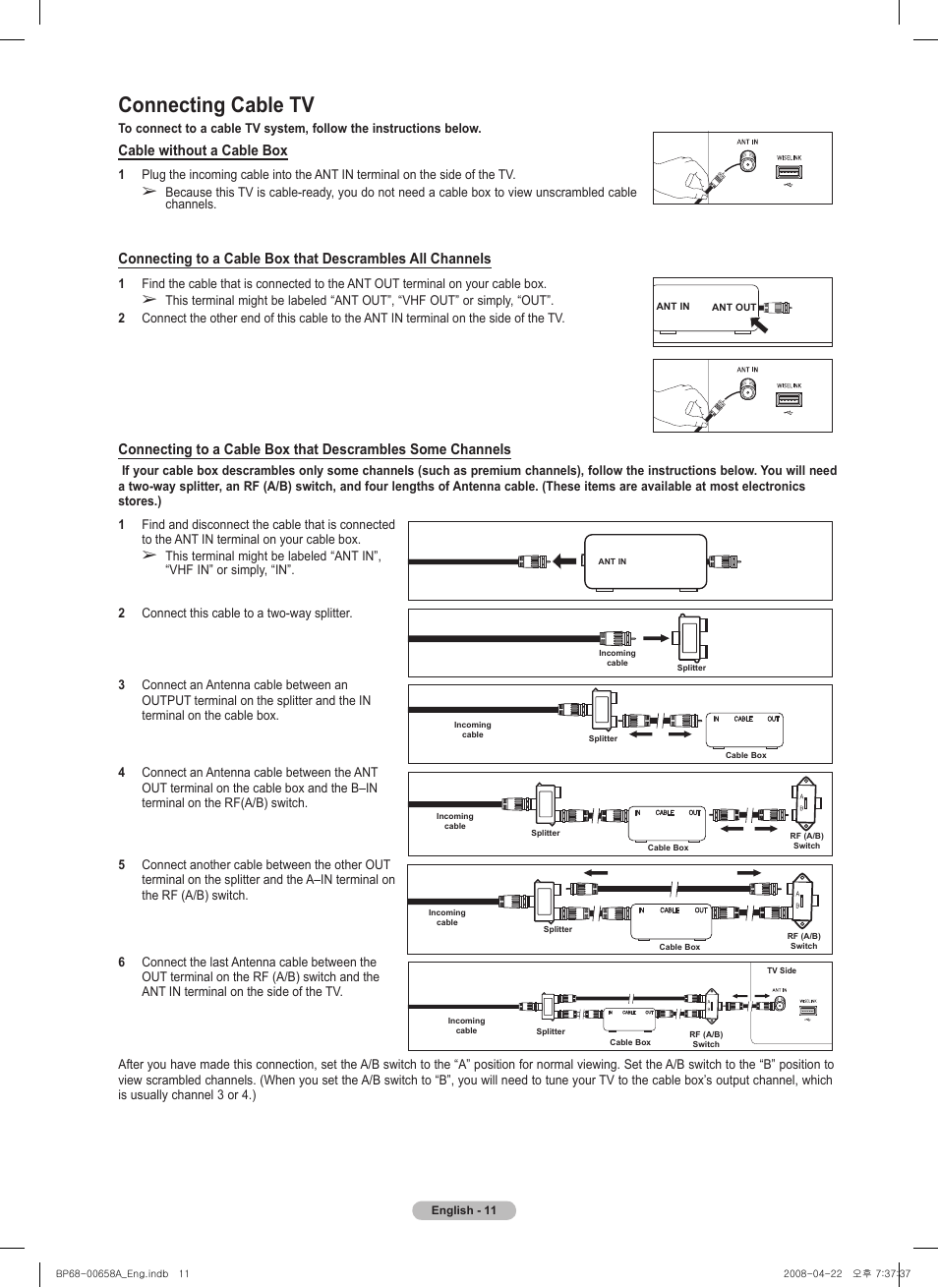 Connecting cable tv, Cable without a cable box | Samsung HL67A750A1FXZA User Manual | Page 11 / 195