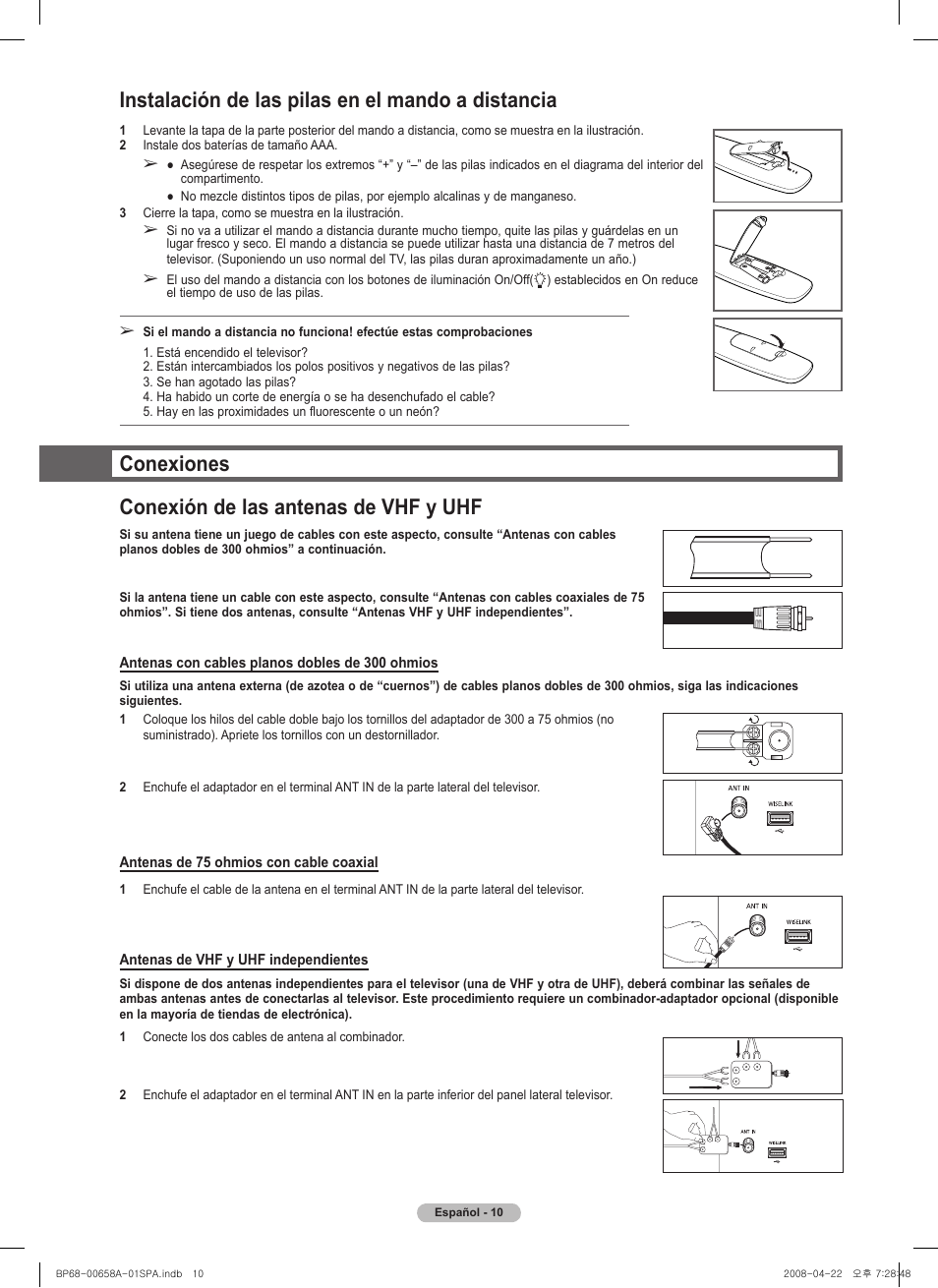 Instalación de las pilas en el mando a distancia, Conexiones conexión de las antenas de vhf y uhf | Samsung HL67A750A1FXZA User Manual | Page 110 / 195