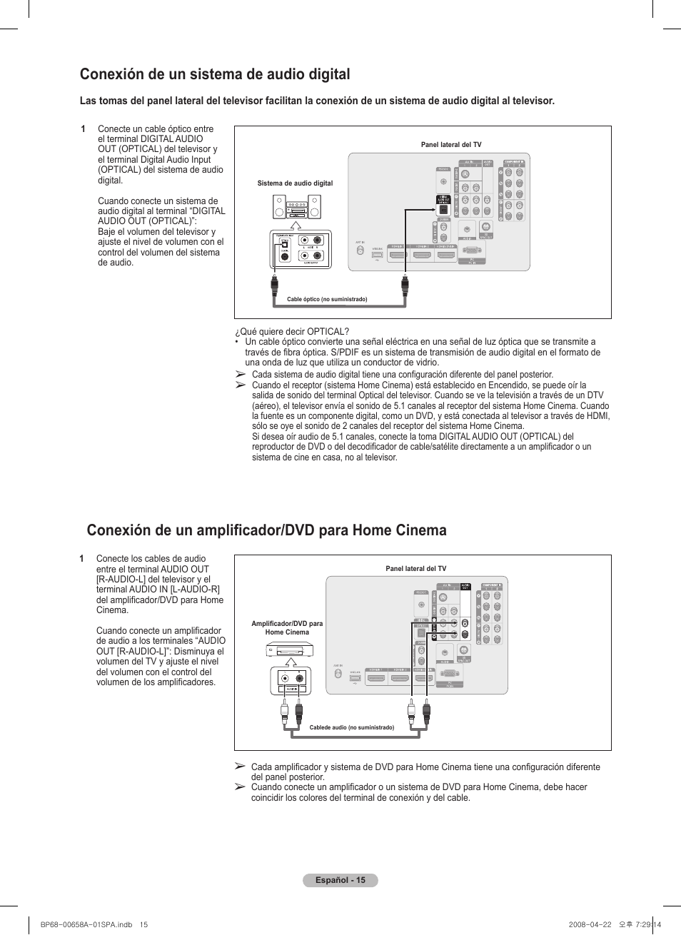 Conexión de un amplificador/dvd para home cinema, Conexión de un sistema de audio digital | Samsung HL67A750A1FXZA User Manual | Page 115 / 195