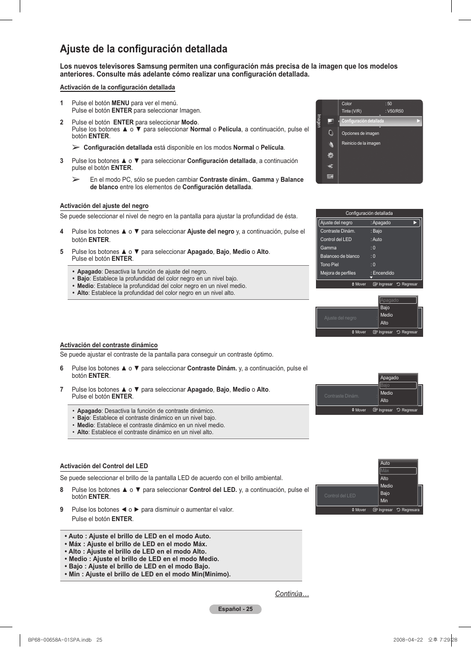 Ajuste de la configuración detallada | Samsung HL67A750A1FXZA User Manual | Page 125 / 195