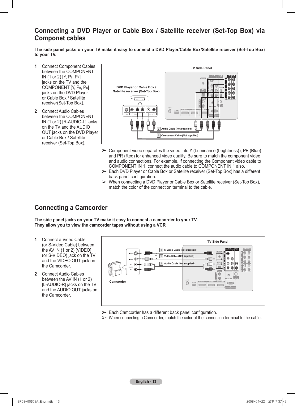 Connecting a camcorder | Samsung HL67A750A1FXZA User Manual | Page 13 / 195