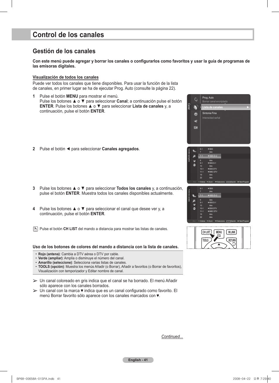 Control de los canales, Gestión de los canales | Samsung HL67A750A1FXZA User Manual | Page 141 / 195