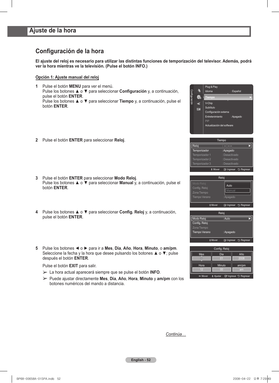 Ajuste de la hora configuración de la hora | Samsung HL67A750A1FXZA User Manual | Page 152 / 195