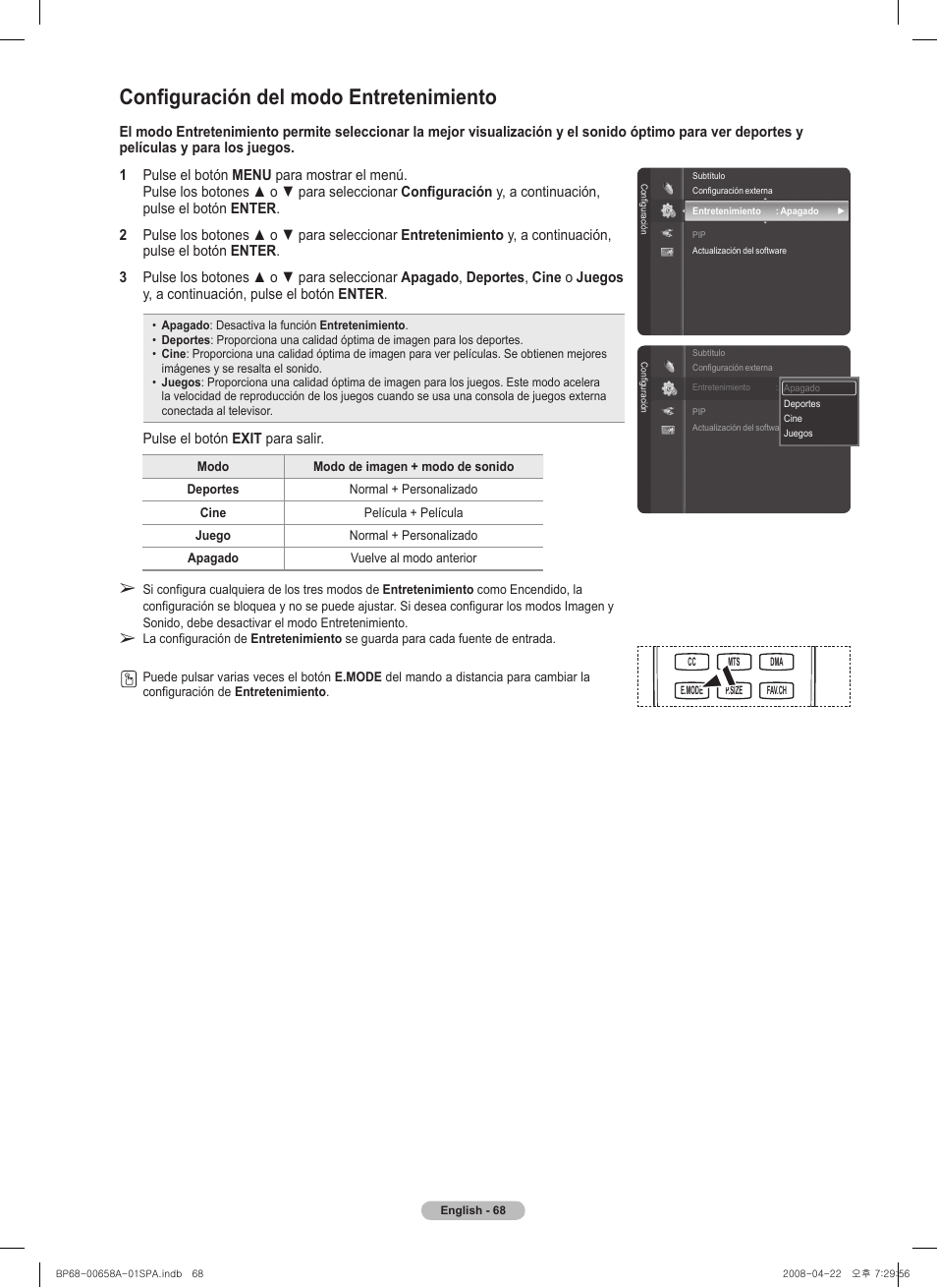 Configuración del modo entretenimiento | Samsung HL67A750A1FXZA User Manual | Page 168 / 195