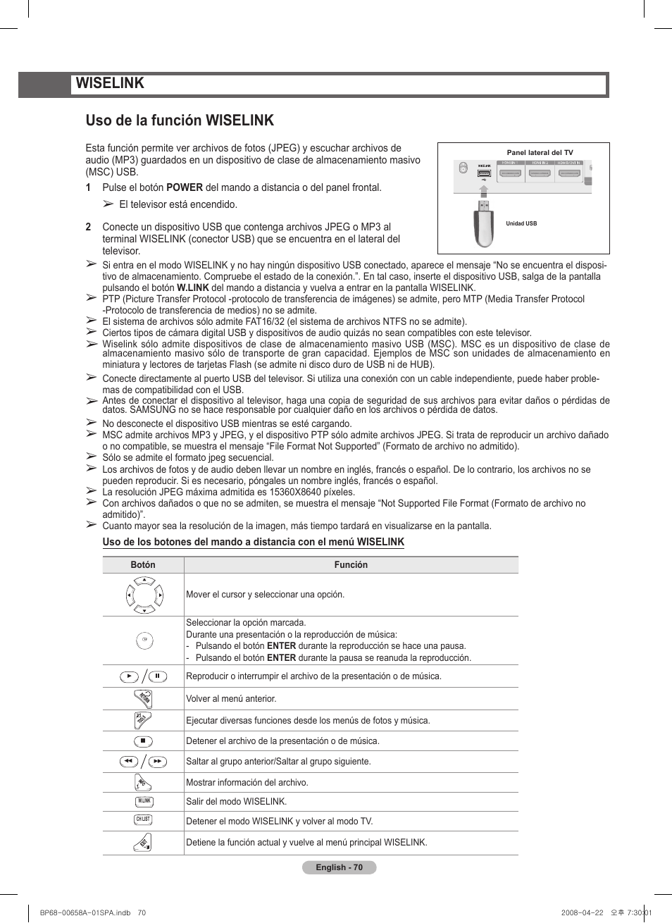 Wiselink uso de la función wiselink | Samsung HL67A750A1FXZA User Manual | Page 170 / 195