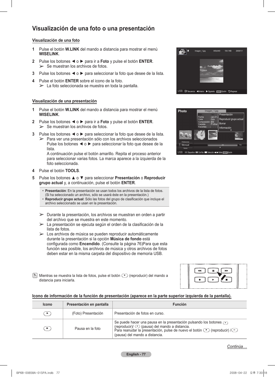 Visualización de una foto o una presentación, Continúa | Samsung HL67A750A1FXZA User Manual | Page 177 / 195