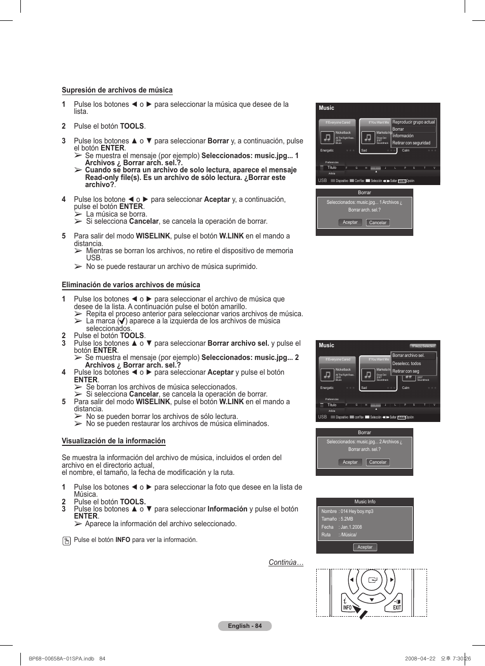 La música se borra, Se borran los archivos de música seleccionados, No se pueden borrar los archivos de sólo lectura | Aparece la información del archivo seleccionado, Continúa | Samsung HL67A750A1FXZA User Manual | Page 184 / 195