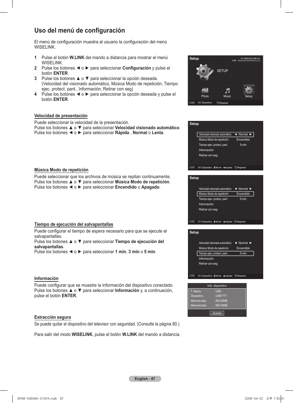Uso del menú de configuración | Samsung HL67A750A1FXZA User Manual | Page 187 / 195