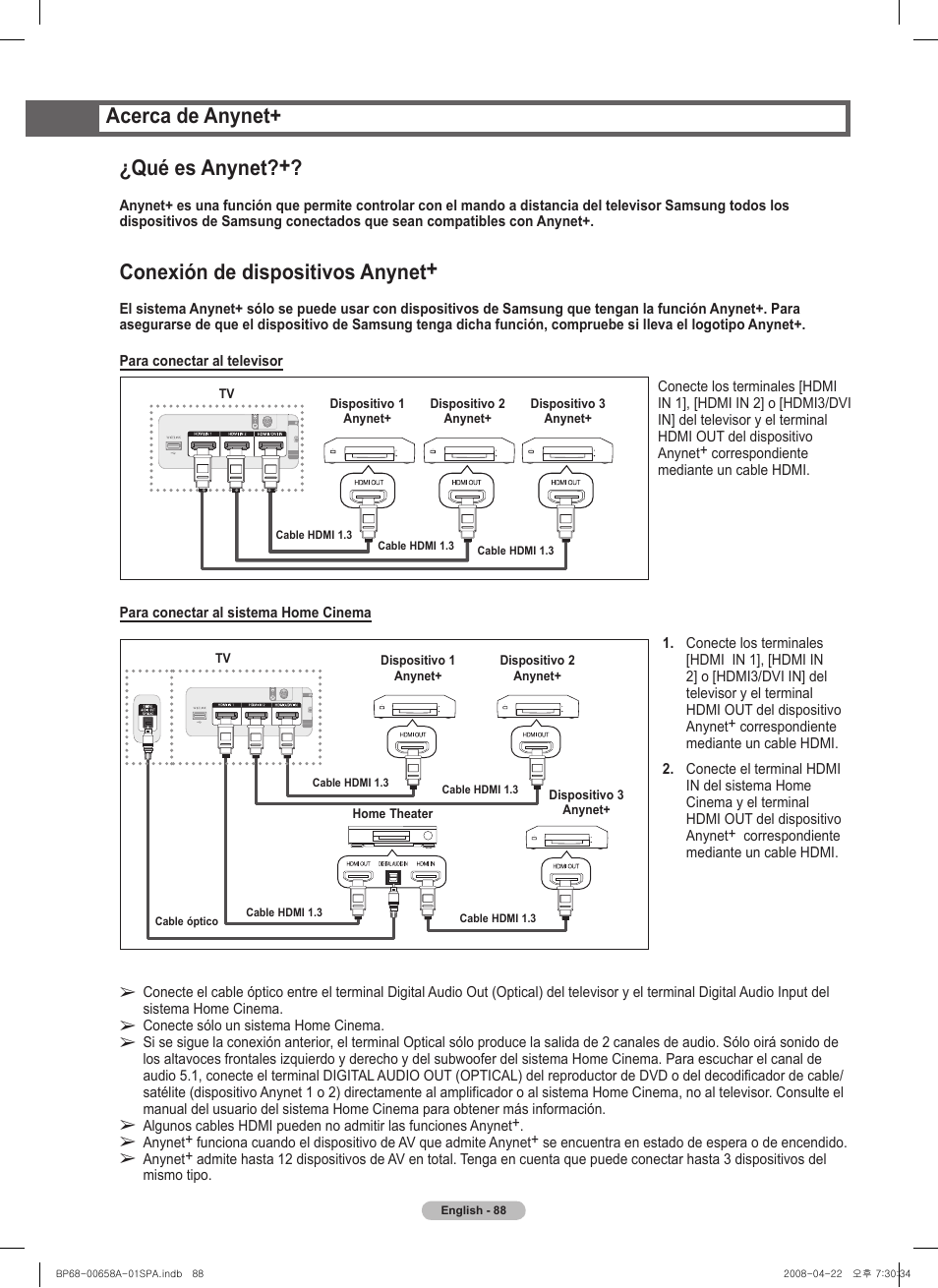 Conexión de dispositivos anynet, Acerca de anynet+ ¿qué es anynet | Samsung HL67A750A1FXZA User Manual | Page 188 / 195