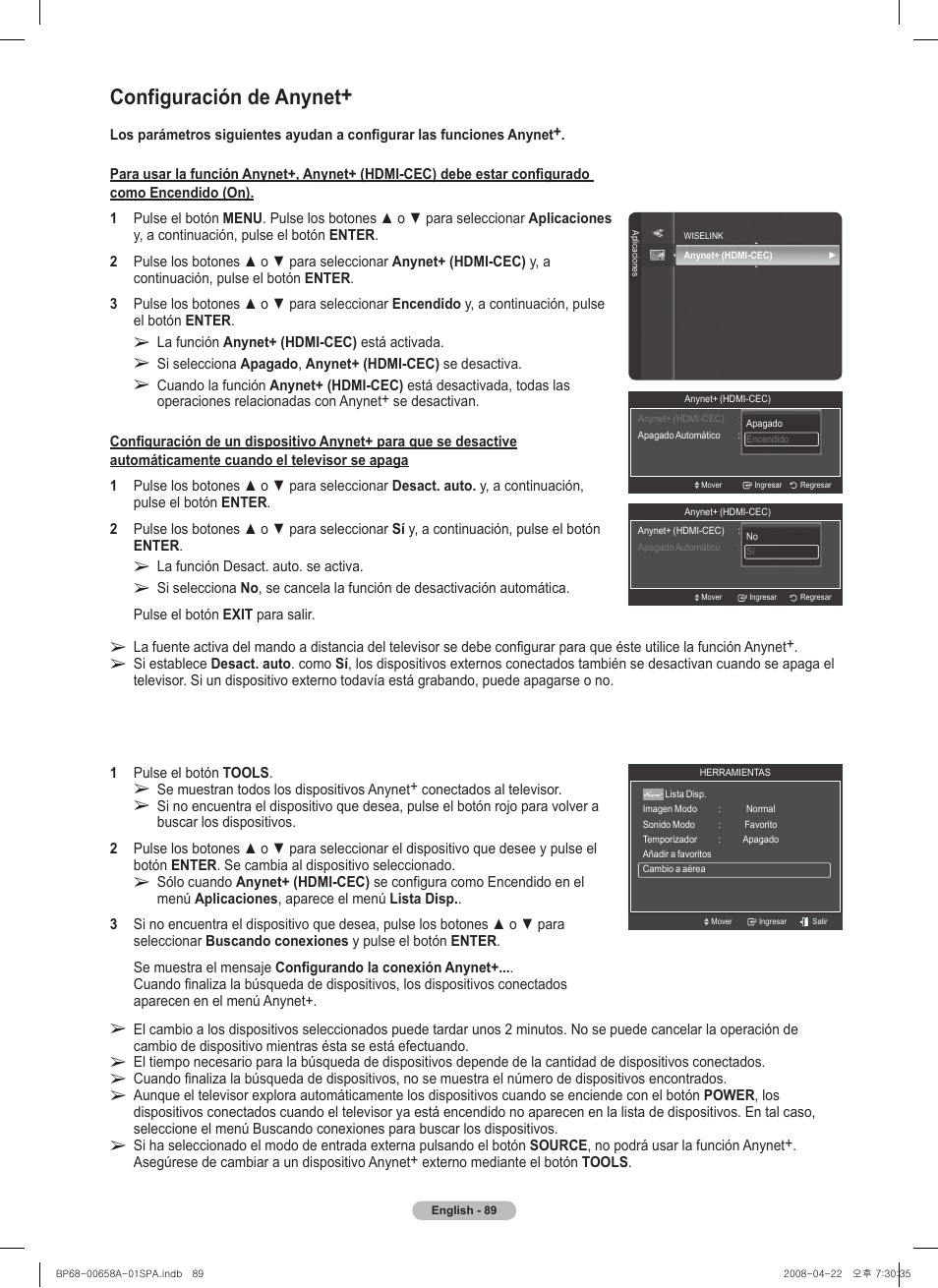 Configuración de anynet | Samsung HL67A750A1FXZA User Manual | Page 189 / 195