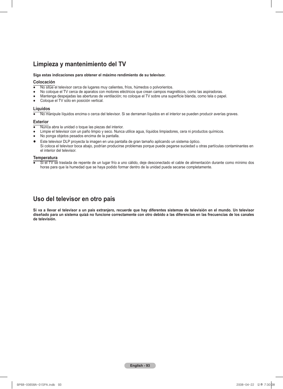 Limpieza y mantenimiento del tv, Uso del televisor en otro país | Samsung HL67A750A1FXZA User Manual | Page 193 / 195