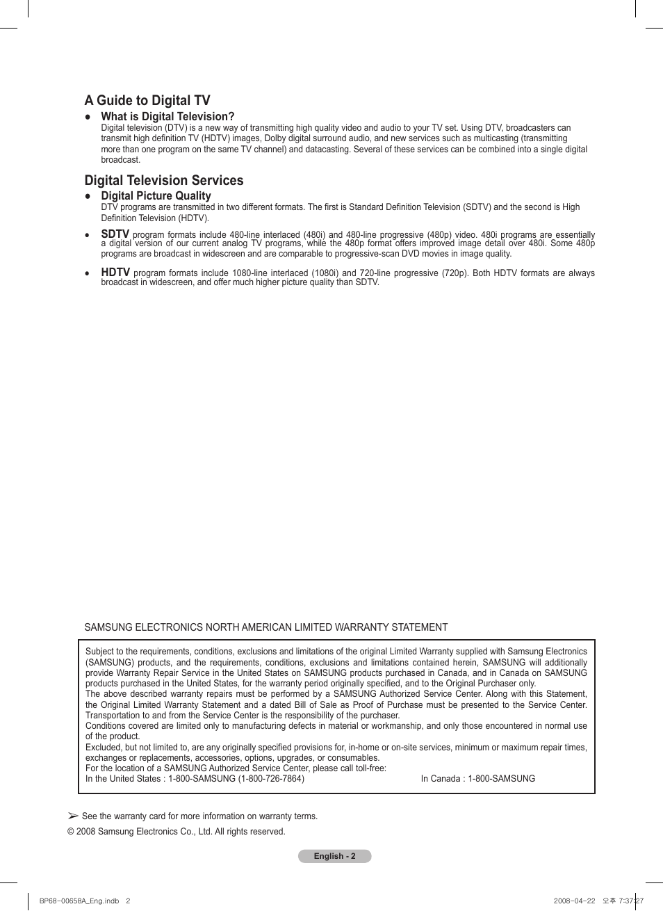 A guide to digital tv, Digital television services | Samsung HL67A750A1FXZA User Manual | Page 2 / 195