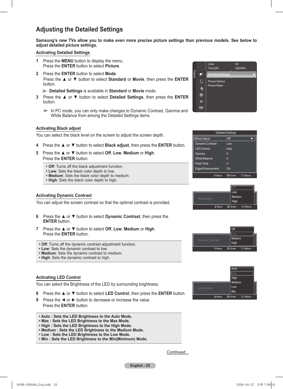 Adjusting the detailed settings | Samsung HL67A750A1FXZA User Manual | Page 25 / 195