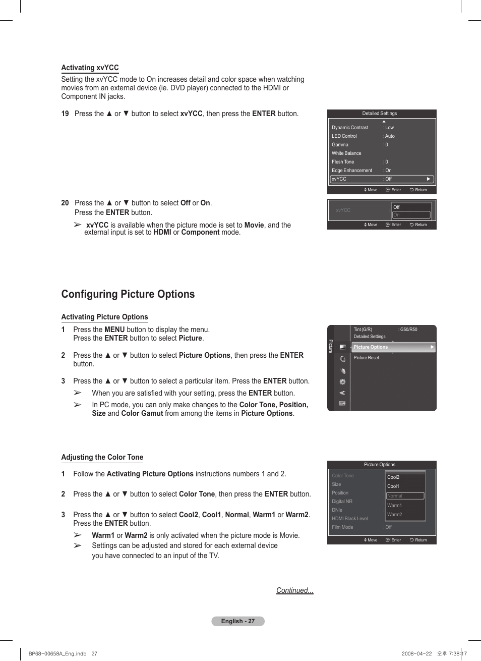 Configuring picture options | Samsung HL67A750A1FXZA User Manual | Page 27 / 195