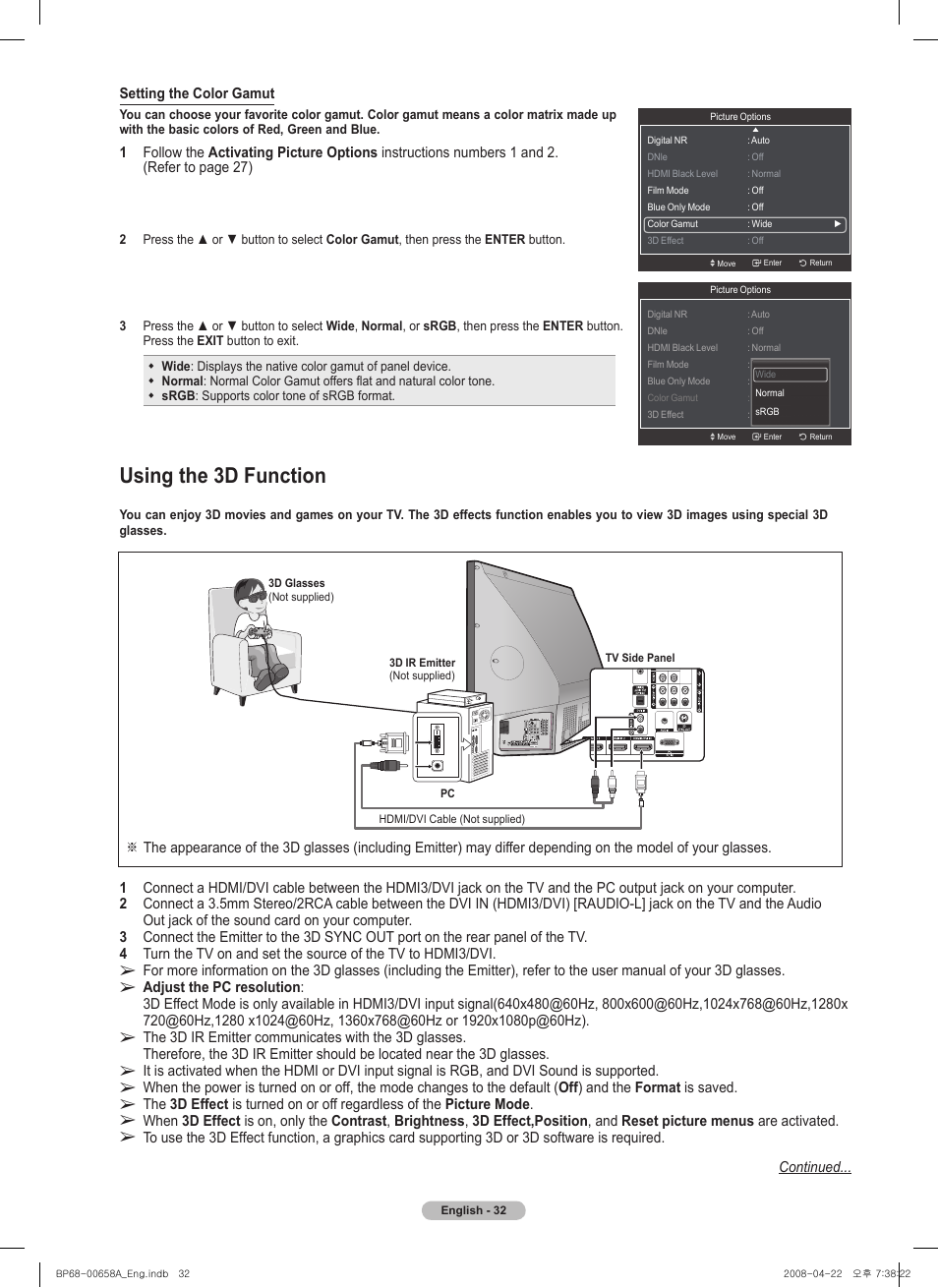 Using the 3d function, Using the d function | Samsung HL67A750A1FXZA User Manual | Page 32 / 195