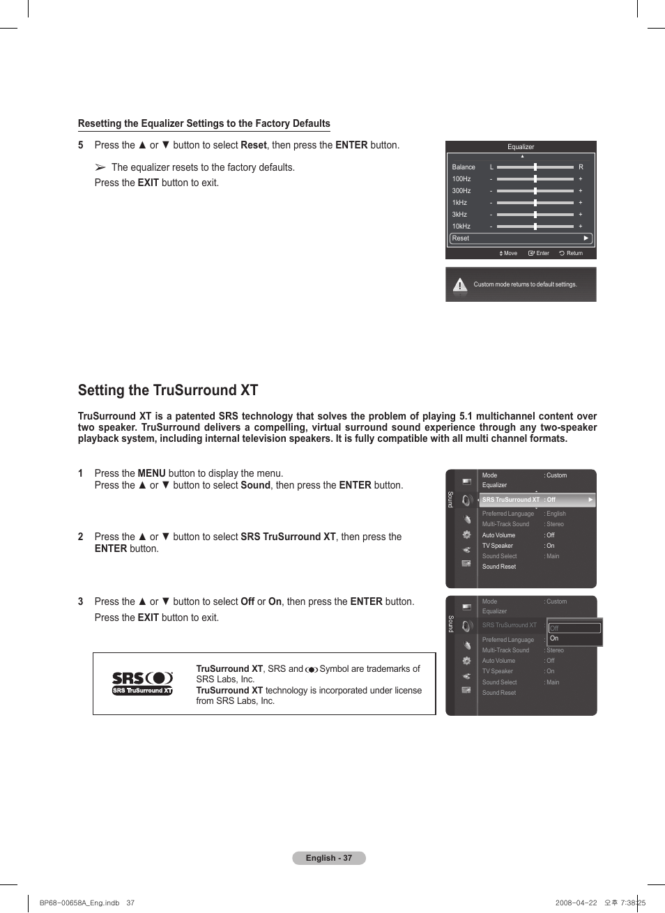 Setting the trusurround xt | Samsung HL67A750A1FXZA User Manual | Page 37 / 195