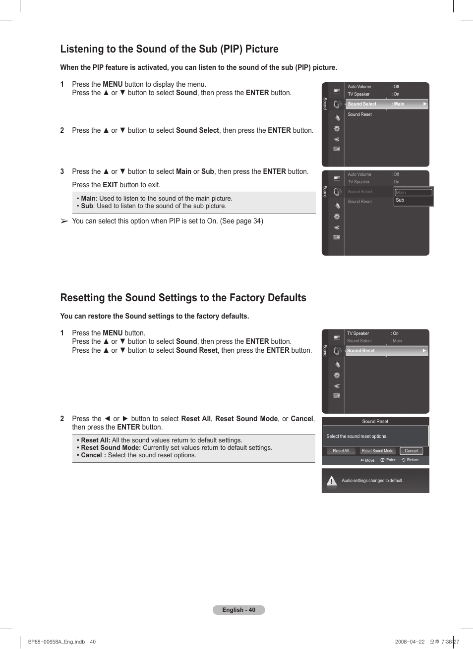 Listening to the sound of the sub (pip) picture | Samsung HL67A750A1FXZA User Manual | Page 40 / 195