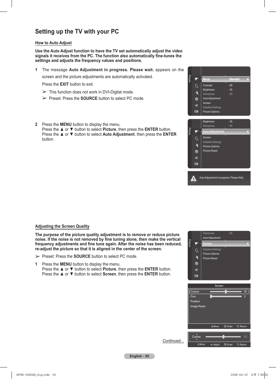 Setting up the tv with your pc | Samsung HL67A750A1FXZA User Manual | Page 50 / 195