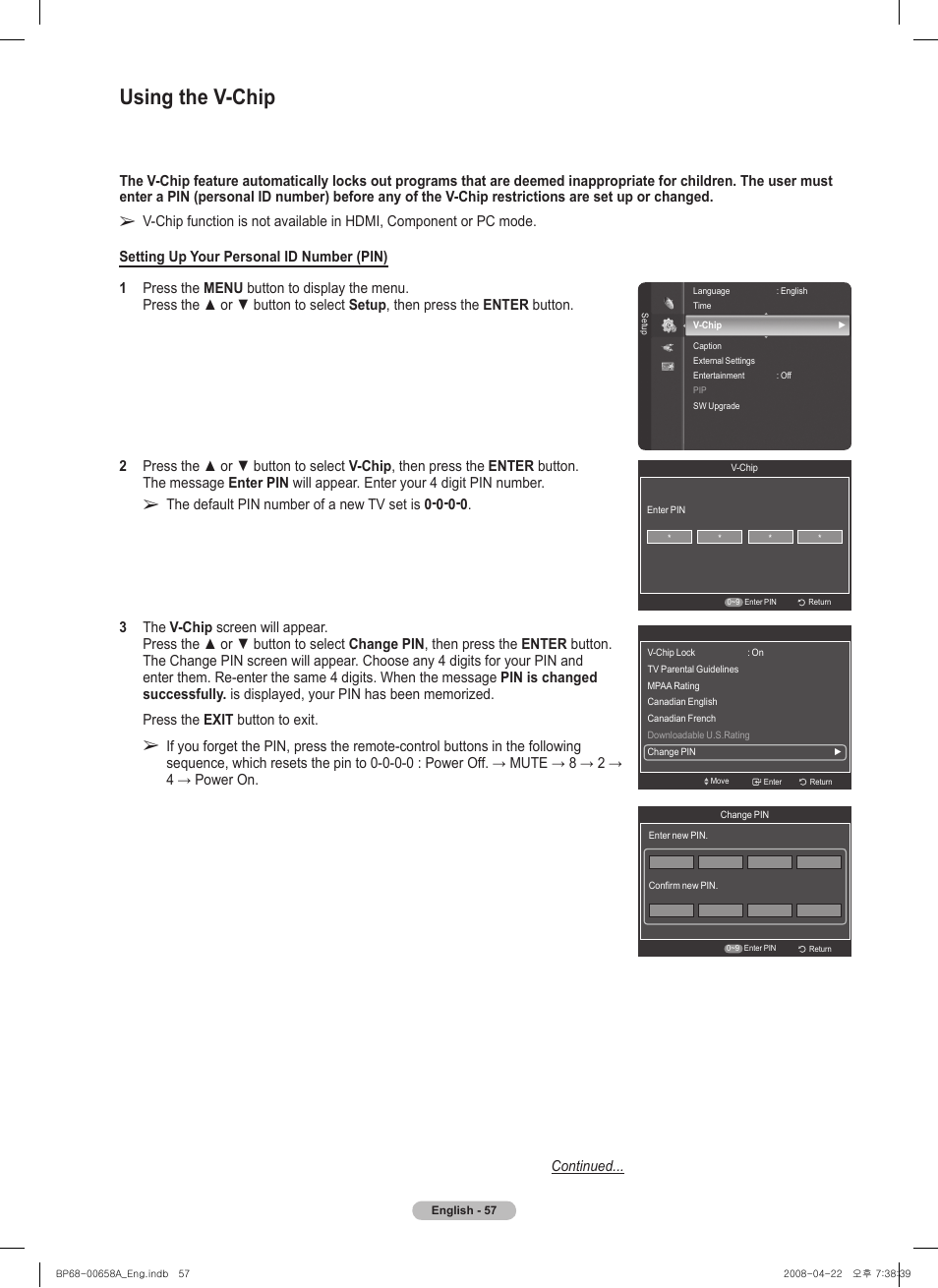 Using the v-chip | Samsung HL67A750A1FXZA User Manual | Page 57 / 195