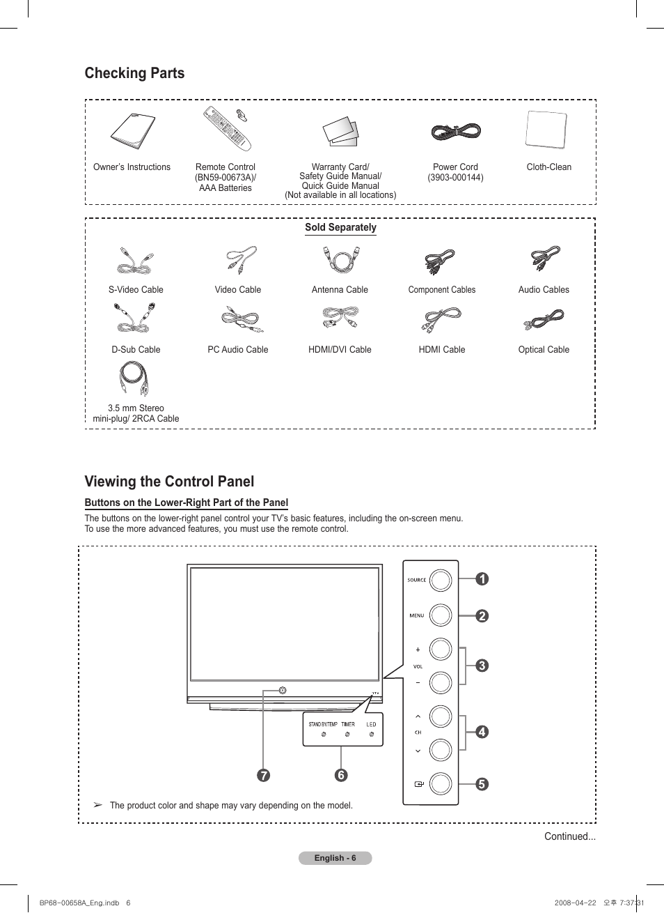 Checking parts, Viewing the control panel | Samsung HL67A750A1FXZA User Manual | Page 6 / 195