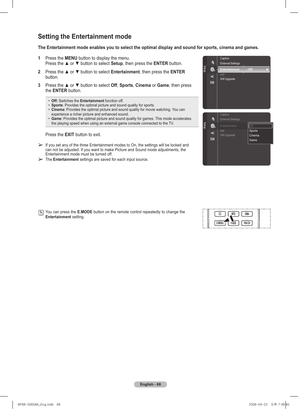 Setting the entertainment mode | Samsung HL67A750A1FXZA User Manual | Page 68 / 195
