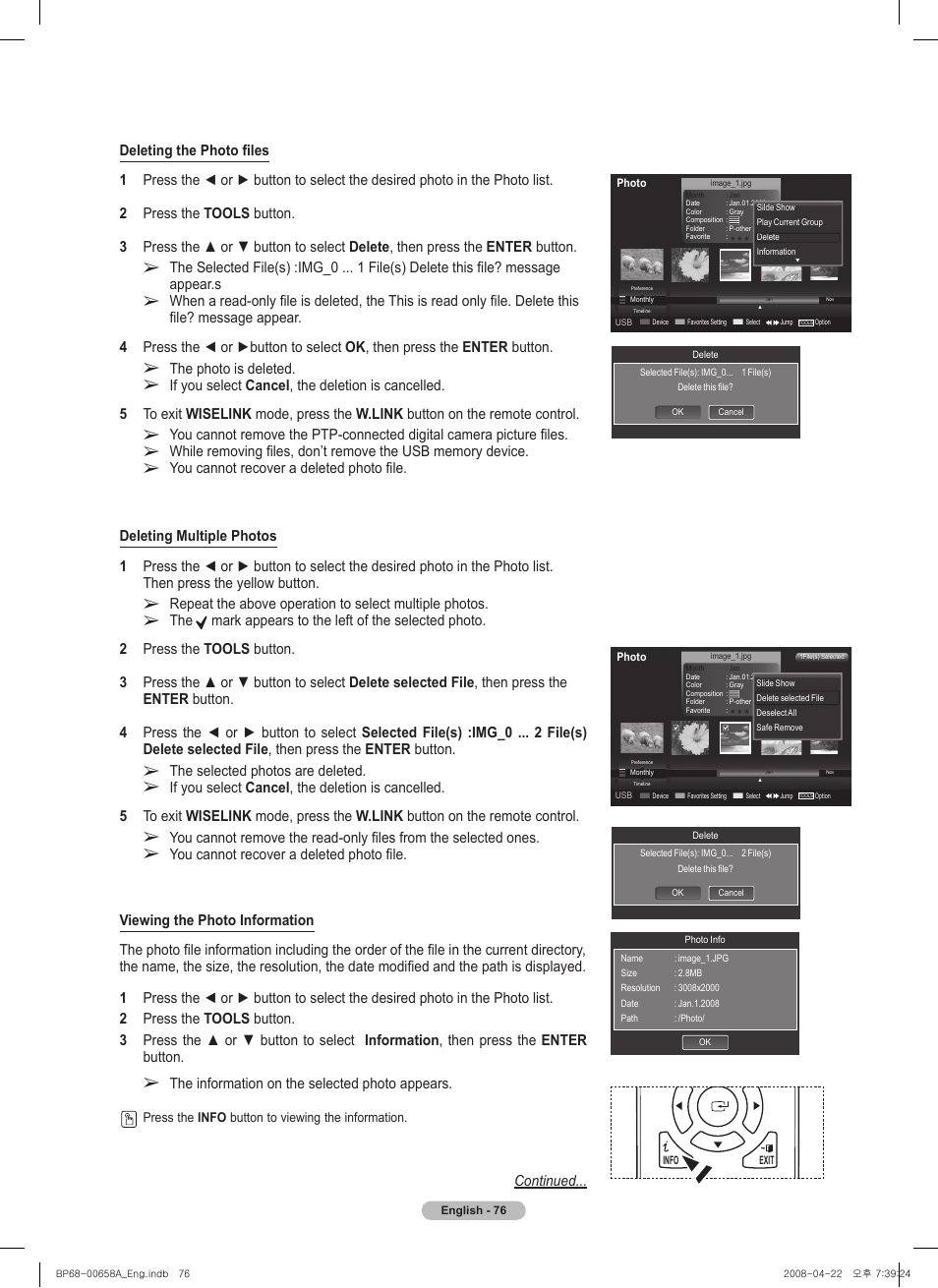 The selected photos are deleted, The information on the selected photo appears, The photo is deleted | You cannot recover a deleted photo file | Samsung HL67A750A1FXZA User Manual | Page 76 / 195